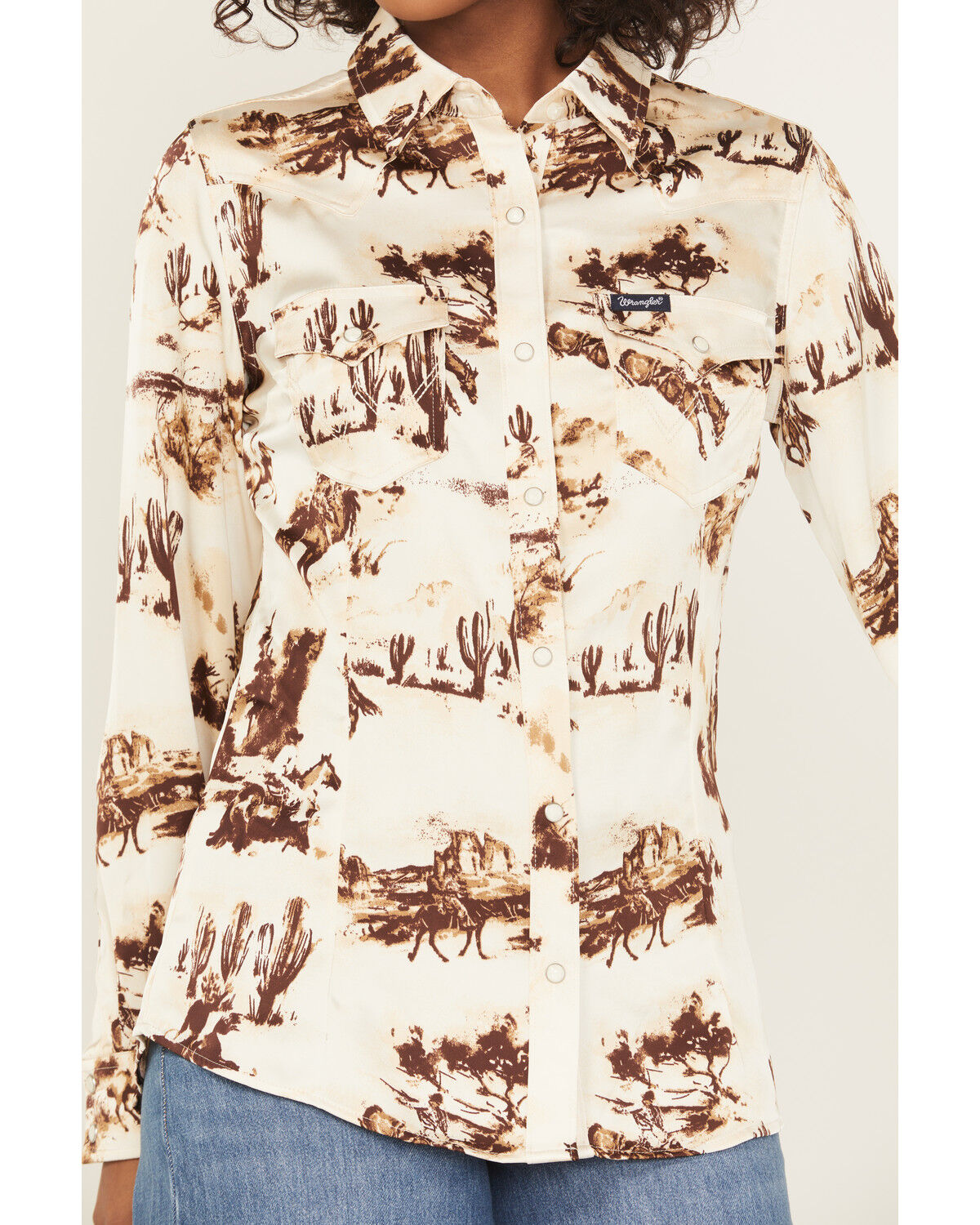 Image #3 - Wrangler Retro Women's Horse Conversational Print Long Sleeve Snap Western Shirt, Cream, hi-res