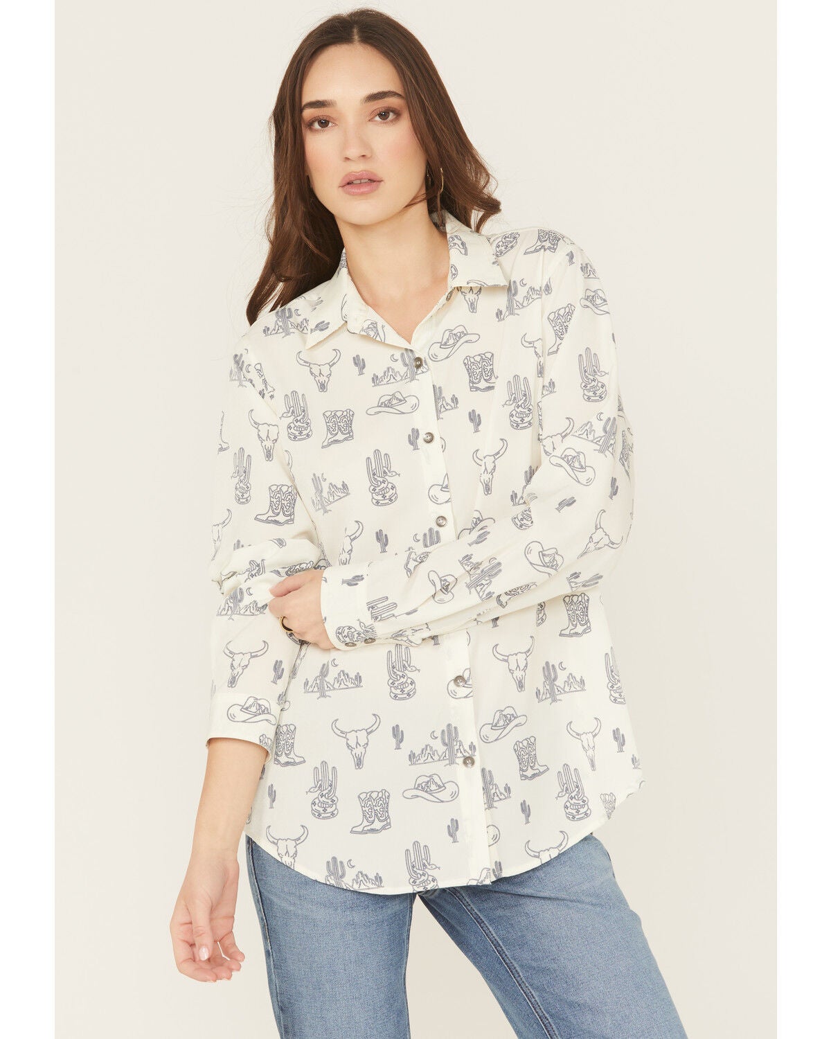 Ariat Women's Homestyle Deserted Print Long Sleeve Button-Down Western Shirt, White, hi-res