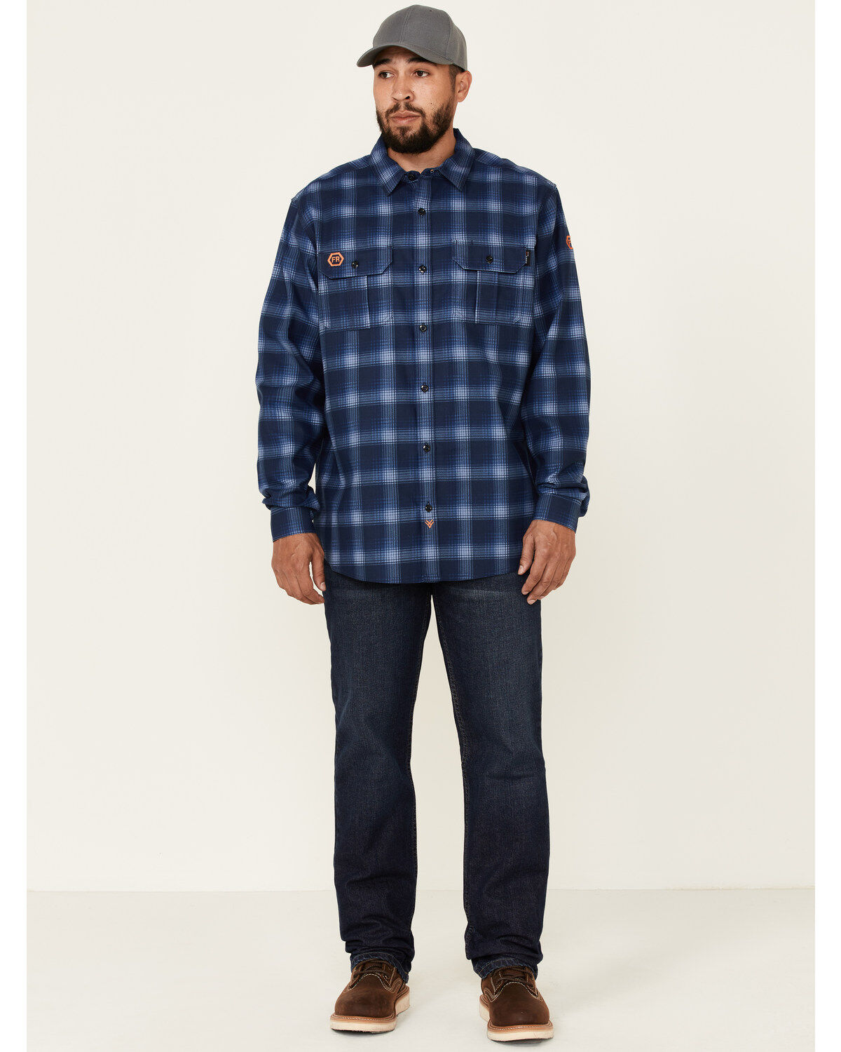 Image #2 - Hawx Men's FR Plaid Print Long Sleeve Button-Down Work Shirt, Navy, hi-res