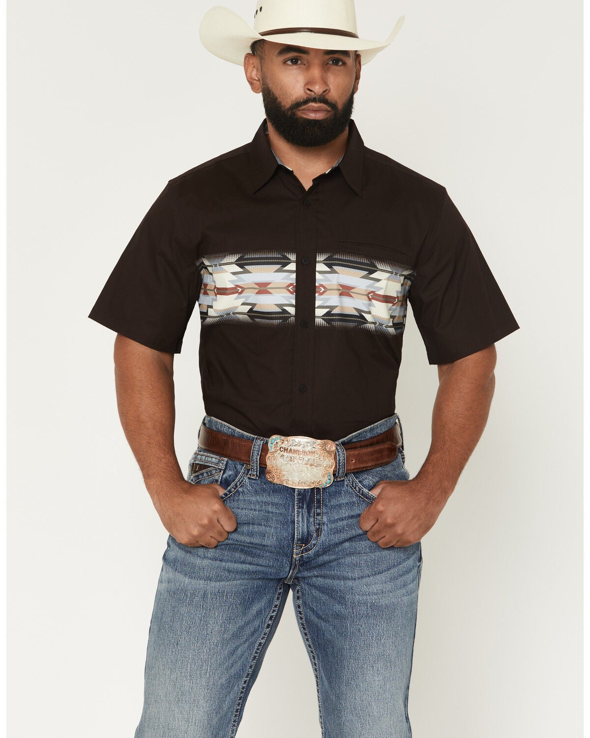 Image #1 - RANK 45&reg; Men's D&eacute;j&agrave; Vu Southwestern Border Short Sleeve Button-Down Western Shirt, Brown, hi-res