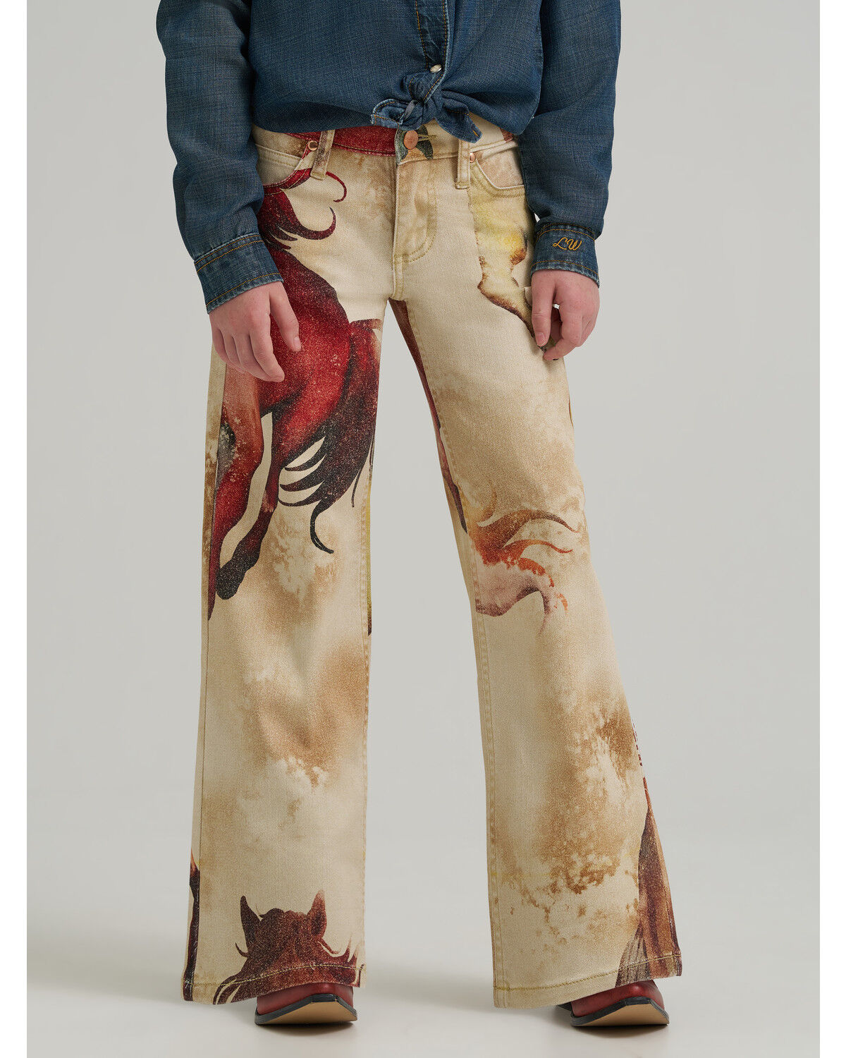 Image #1 - Wrangler X Lainey Wilson Girls' Horse Print Wide Leg Stretch Denim Jeans, Tan, hi-res