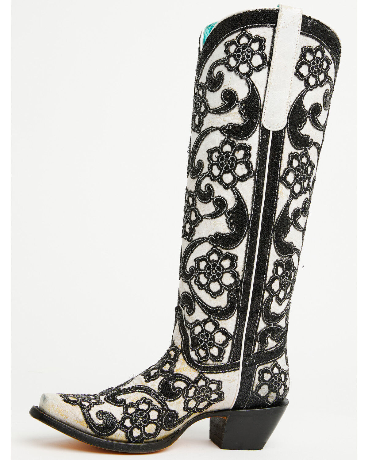 Image #3 - Corral Women's Floral Overlay Sequin Tall Western Boots - Snip Toe, Black/white, hi-res