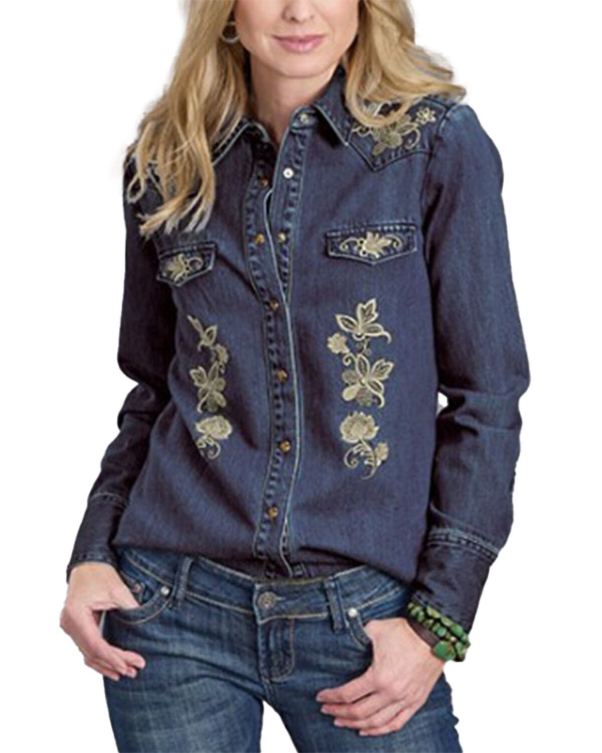 Stetson Women's Floral Embroidered Long Sleeve Snap Denim Shirt, Dark Wash, hi-res