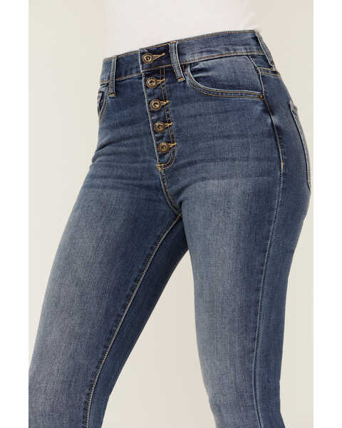 Image #2 - Sneak Peek Women's High Rise Exposed Button Flare Jeans, Blue, hi-res