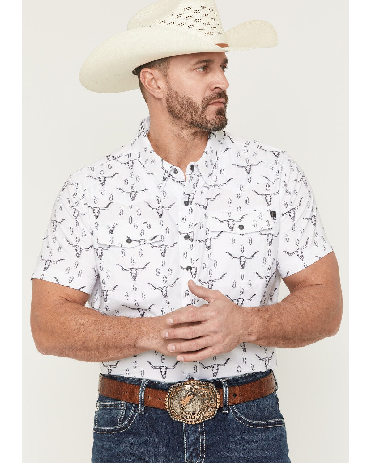 Image #1 - Rock & Roll Denim Men's TEK Steer Skull Short Sleeve Snap Stretch Western Shirt, White, hi-res