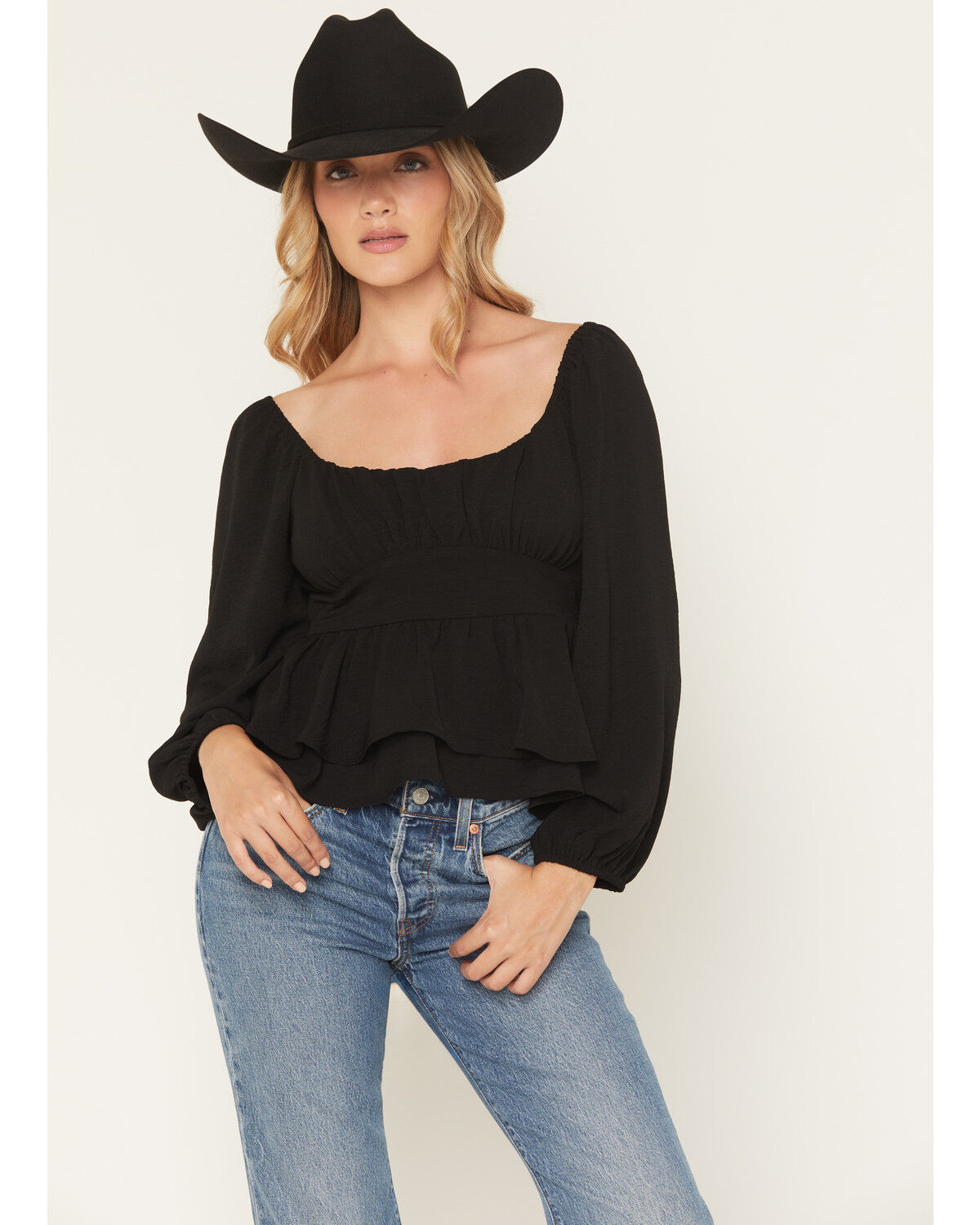 Image #1 - La La Land Women's Boot Barn Exclusive Emma Double Layer Peplum Top, Black, hi-res