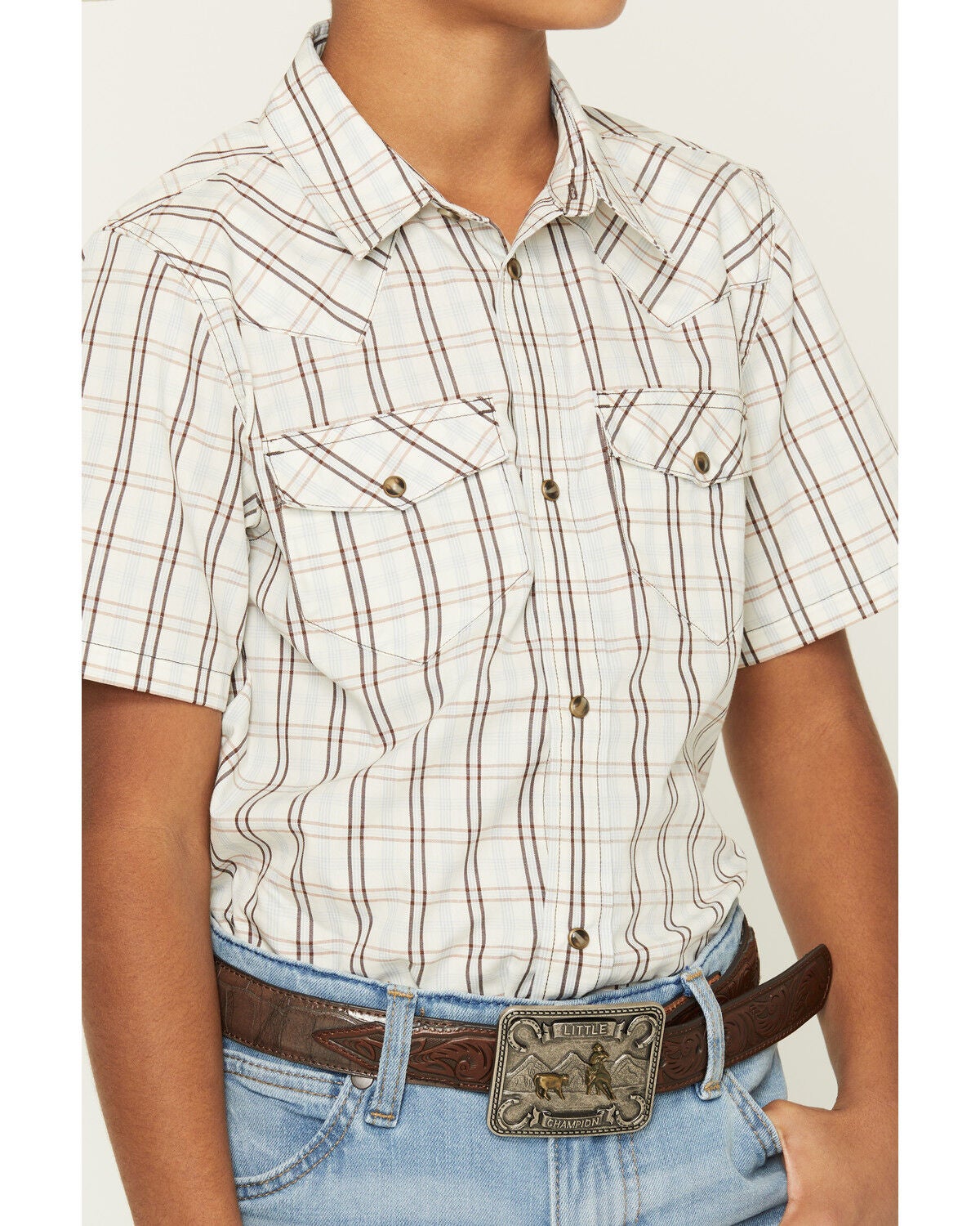 Image #3 - Gibson Trading Co Boys' Southern Trail Plaid Print Short Sleeve Snap Western Shirt, Cream, hi-res