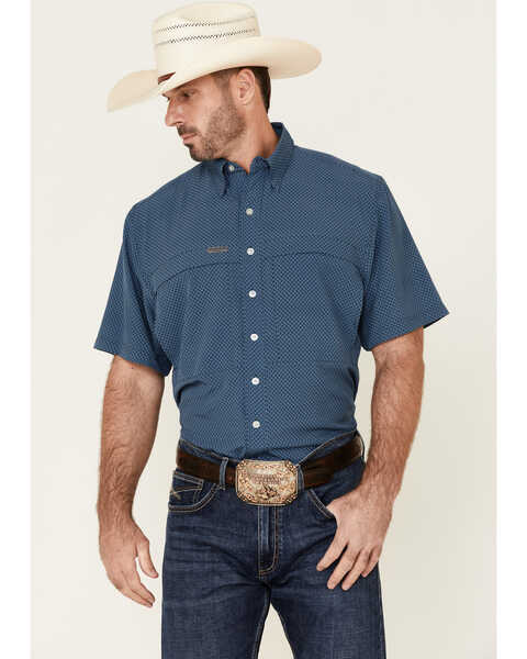 Panhandle Men's Geo Print Performance Short Sleeve Western Shirt , Blue, hi-res