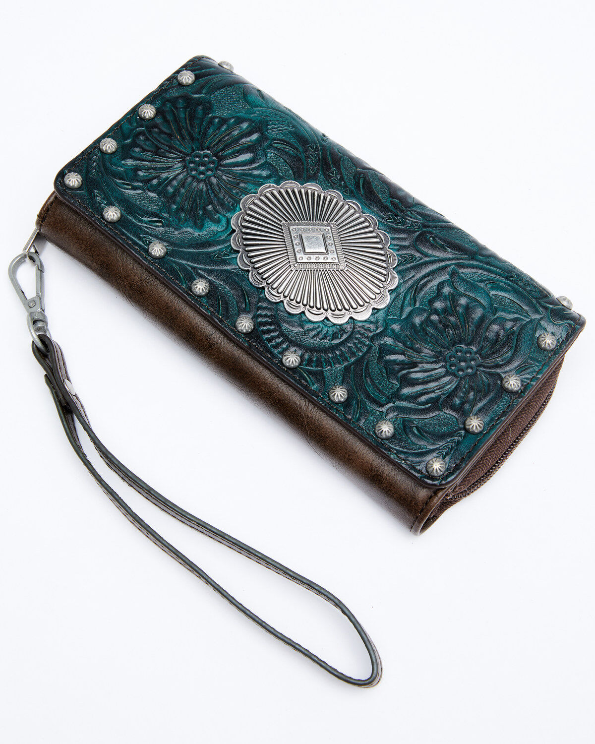 Image #1 - Shyanne Women's Cassidy Turquoise Tooled Wristlet Wallet, Chocolate/turquoise, hi-res