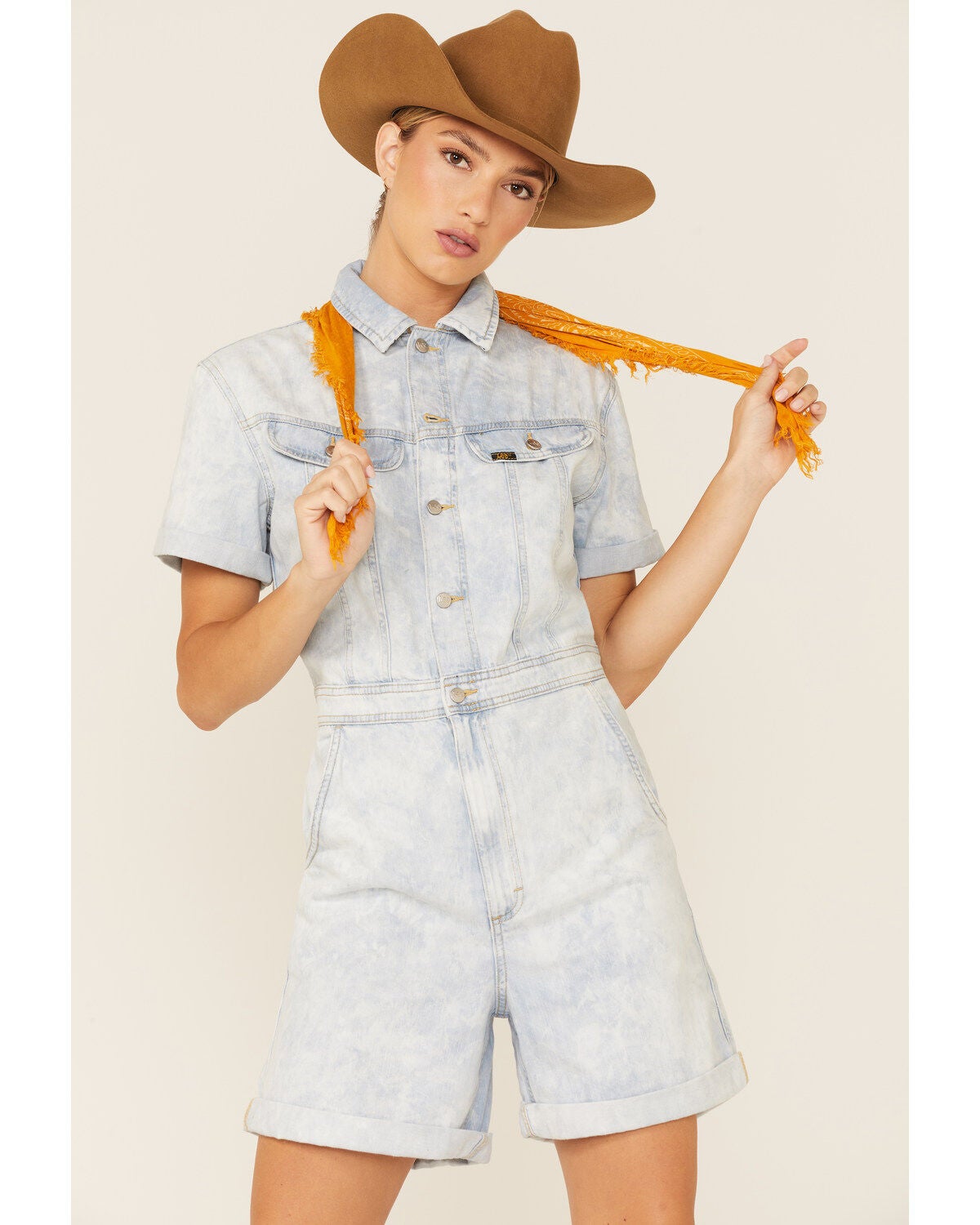 Lee Women's Acid Wash Denim Short Unionall Romper, Blue, hi-res