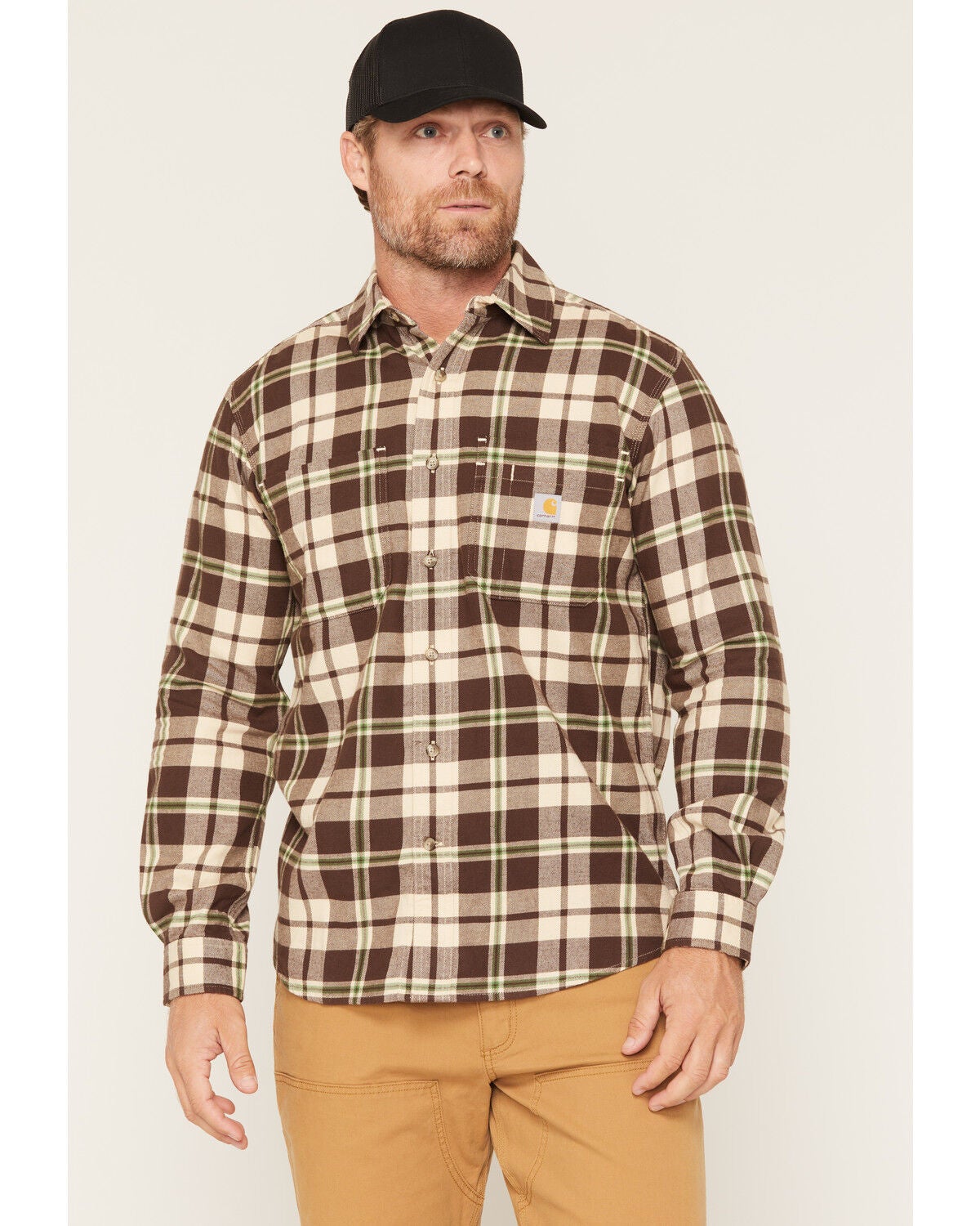Image #1 - Carhartt Men's Hamilton Rugged Flex Lightweight Plaid Print Long Sleeve Button-Down Stretch Flannel Shirt, Green, hi-res