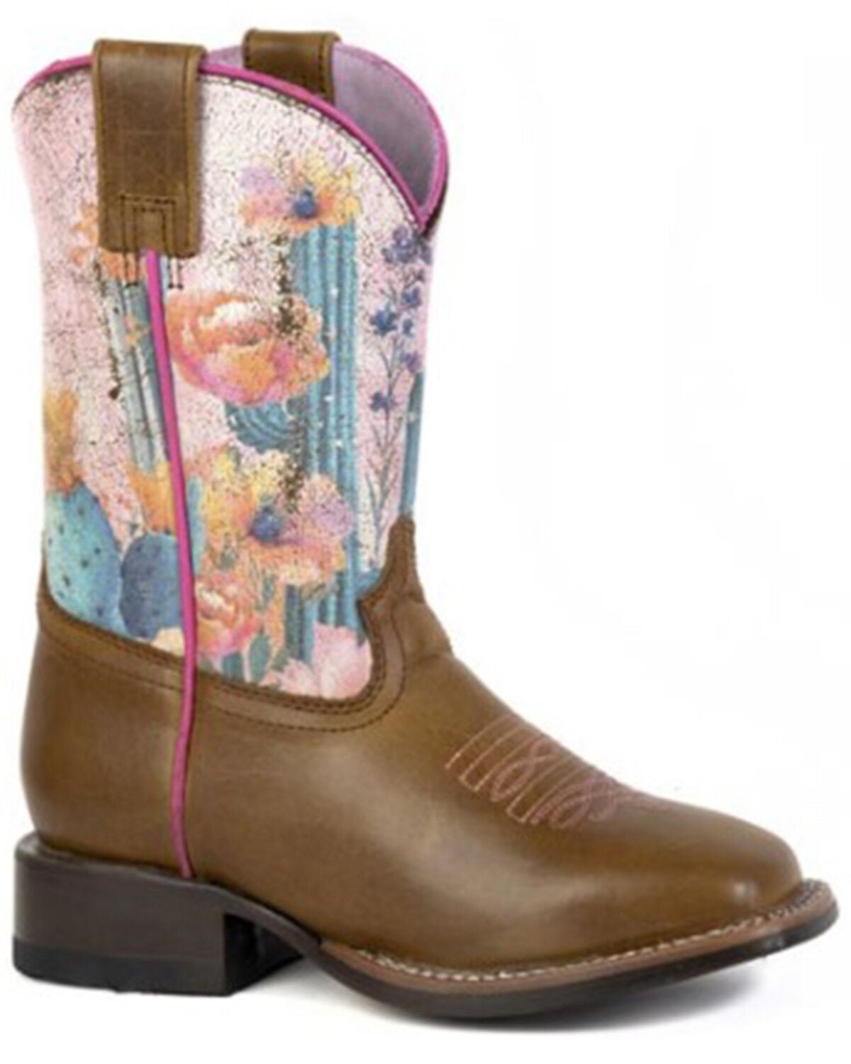 Image #1 - Roper Little Girls' Cactus Flowers Western Boots - Broad Square Toe, Tan, hi-res