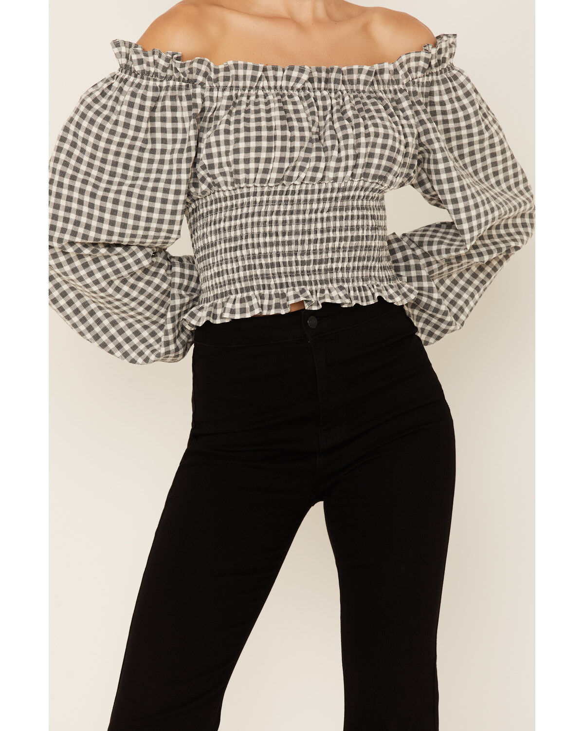 Image #3 - Beyond The Radar Women's Checkered Long Sleeve Crop Peasant Top, Black/white, hi-res