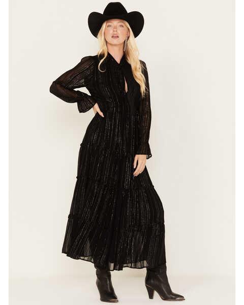 Revel Women's Metallic Stripe Tiered Maxi Dress, Black, hi-res