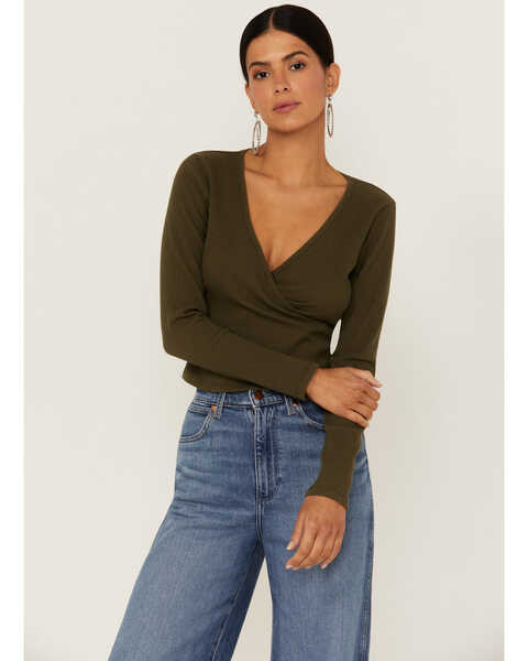 Lush Women's Olive Long Sleeve Cross Front Ribbed Knit Surplice Top, Olive, hi-res