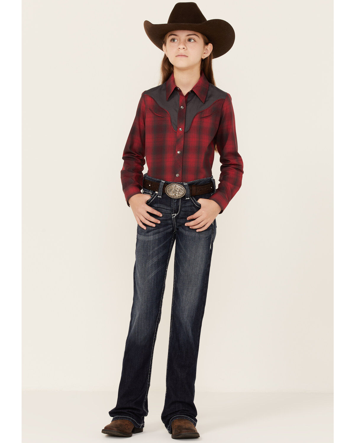 Image #4 - Roper Girls' Fancy Applique Plaid Long Sleeve Snap Western Shirt, Red, hi-res