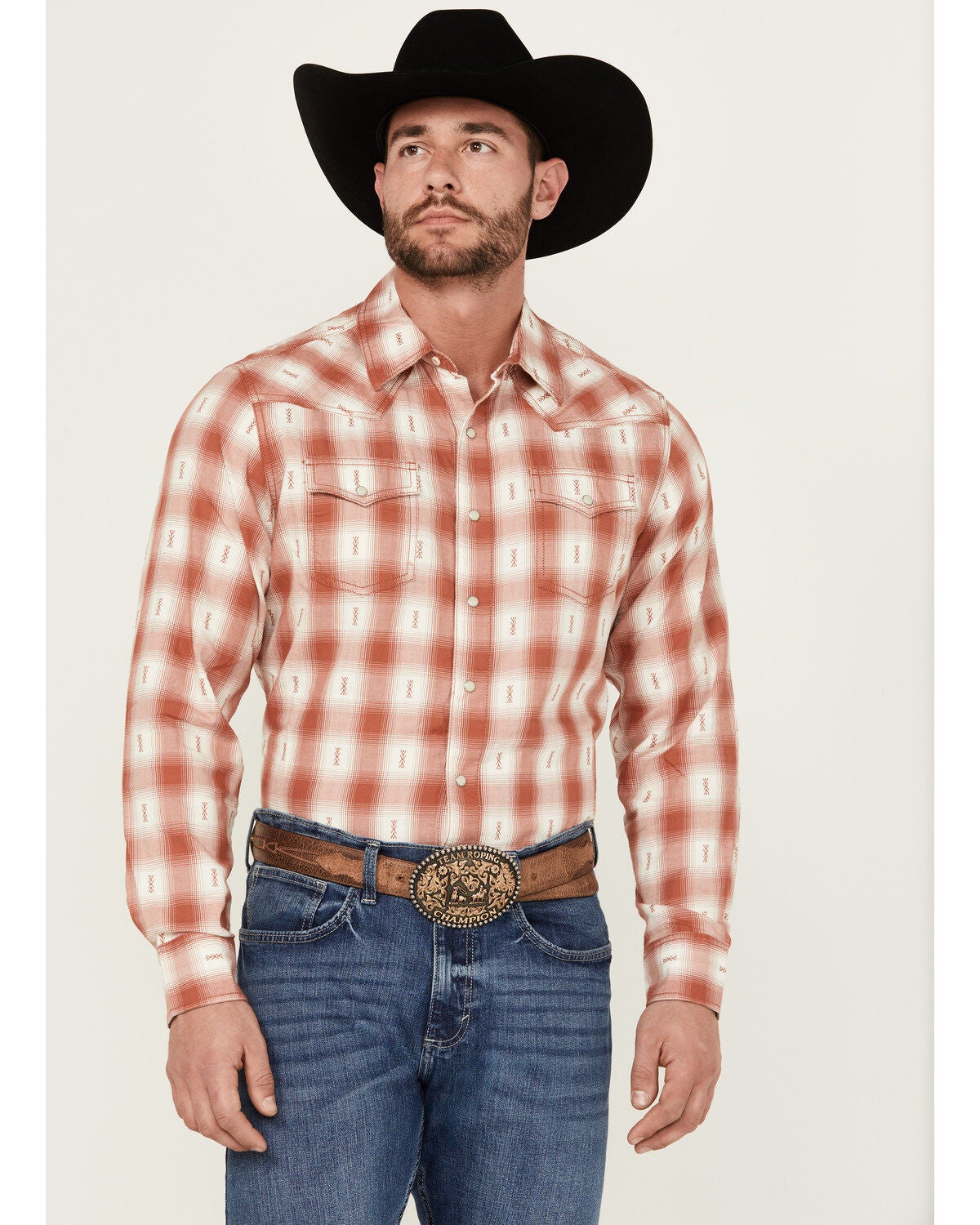 Wrangler Retro Men's Plaid Print Long Sleeve Snap Performance Western Shirt, Rust Copper, hi-res
