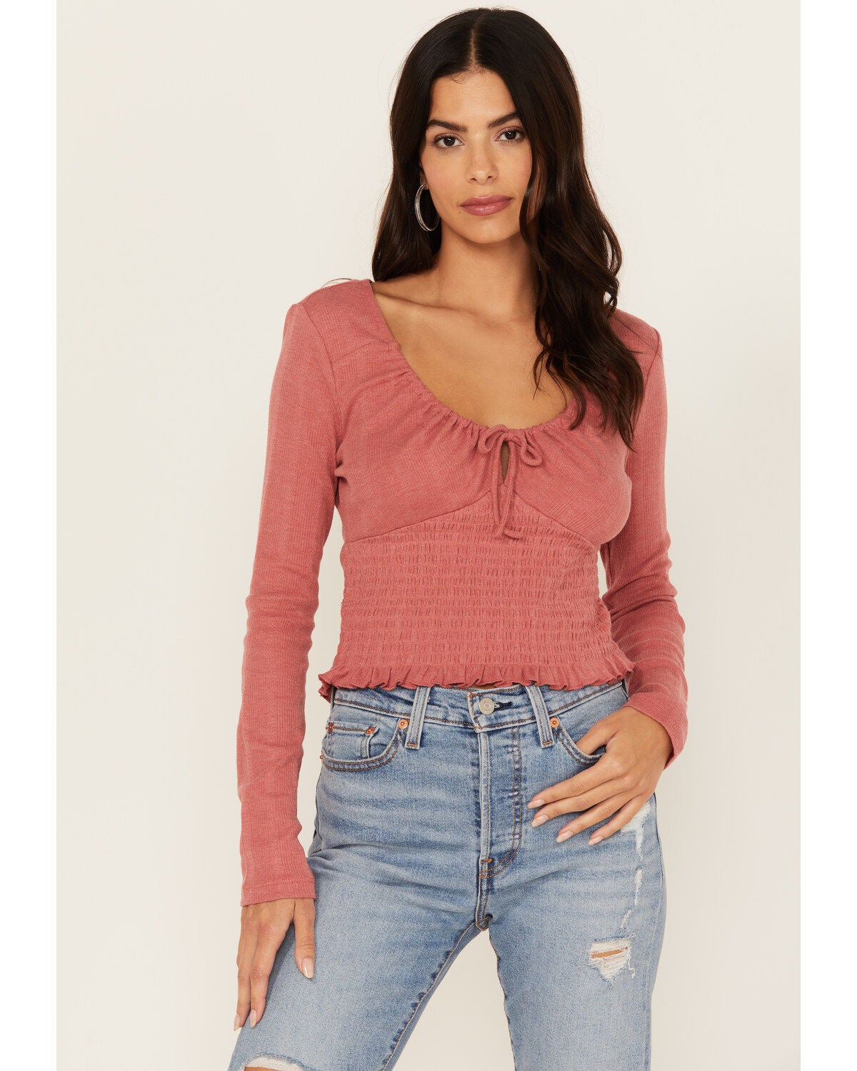 Bila Women's Pointelle Reed Long Sleeve Top, Burgundy, hi-res