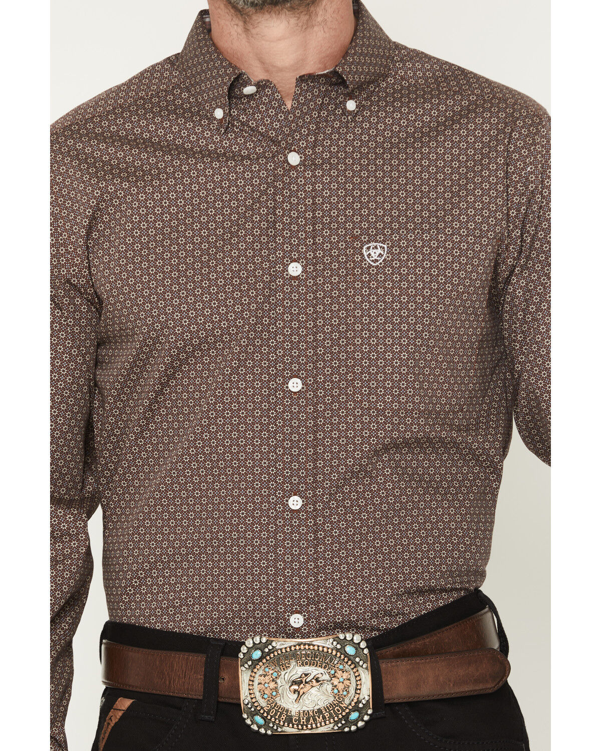 Image #3 - Ariat Men's Wrinkle Free Geo Print Fitted Long Sleeve Button-Down Western Shirt, Brown, hi-res