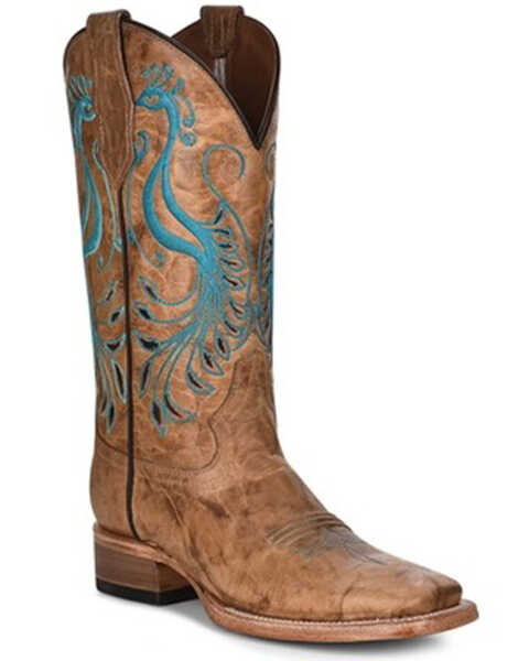 Circle G By Corral Women's Peacock Embroidered Beige & Turquoise Leather Western Boot - Broad Square Toe, Beige/khaki, hi-res