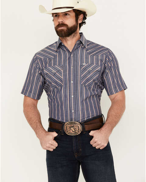 Ely Walker Men's Dobby Striped Print Short Sleeve Snap Western Shirt , Blue, hi-res