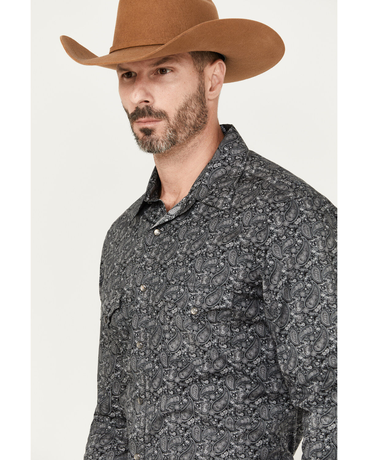 Image #2 - Rock & Roll Denim Men's Paisley Print Long Sleeve Stretch Pearl Snap Western Shirt, Charcoal, hi-res