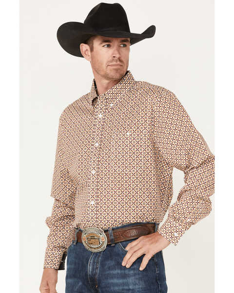 RANK 45 Men's Stirrup Geo Print Long Sleeve Western Button Down Shirt , Light Red, hi-res