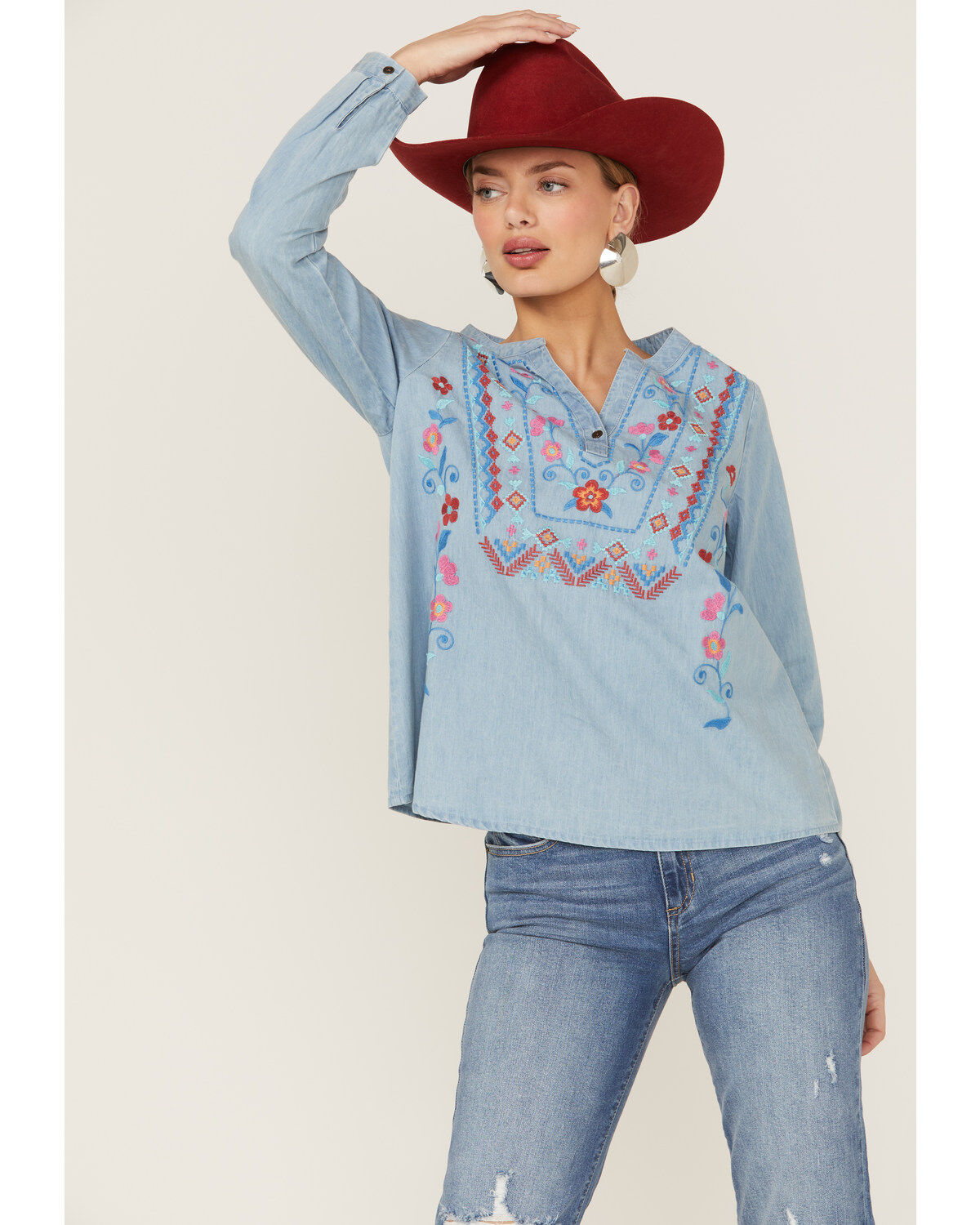 Image #4 - Roper Women's Embroidered Front Southwestern Denim Pullover Shirt, Blue, hi-res