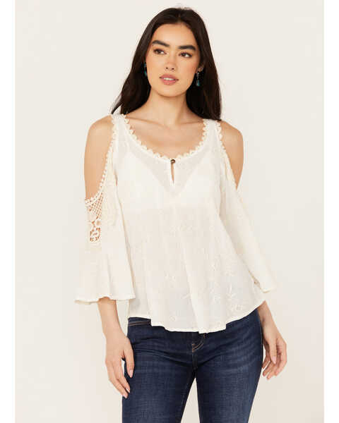 Wild Moss Women's Embroidered Cold Shoulder Top , Ivory, hi-res