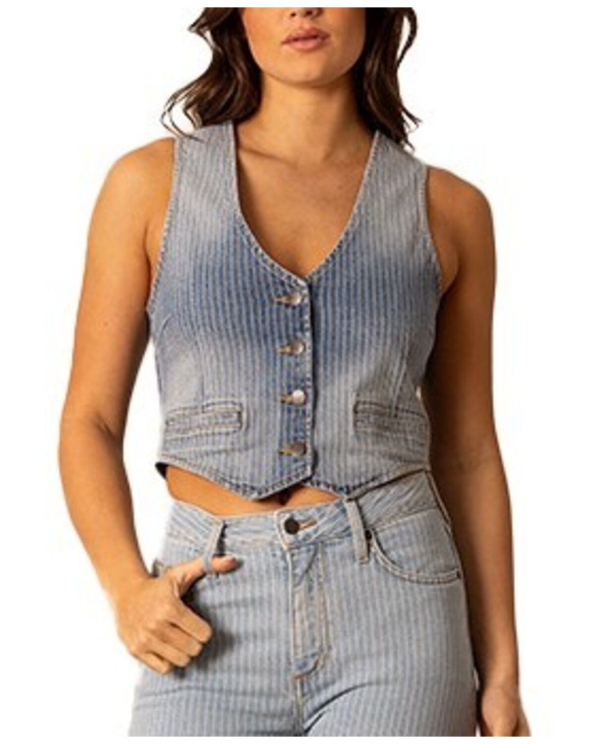 Image #1 - Kimes Ranch Women's Candace Faded Pinstripe Denim Vest, Medium Wash, hi-res