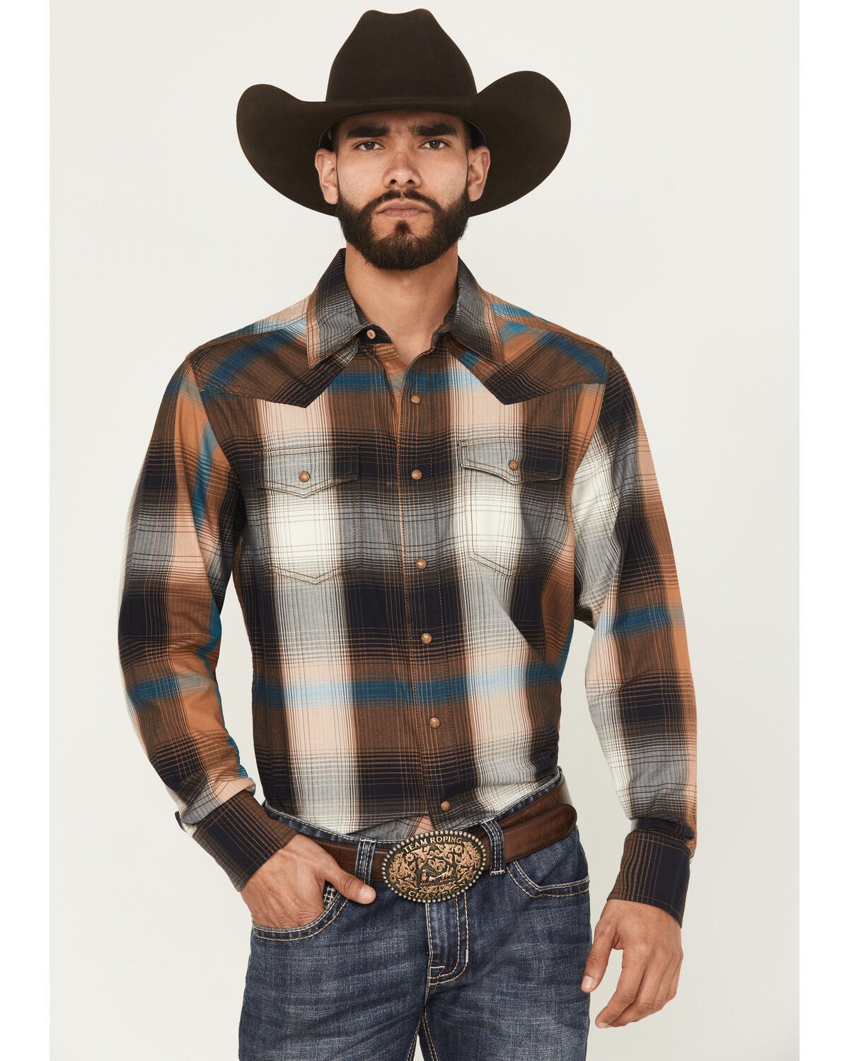 Wrangler Retro Men's Plaid Print Long Sleeve Snap Western Shirt, Brown, hi-res