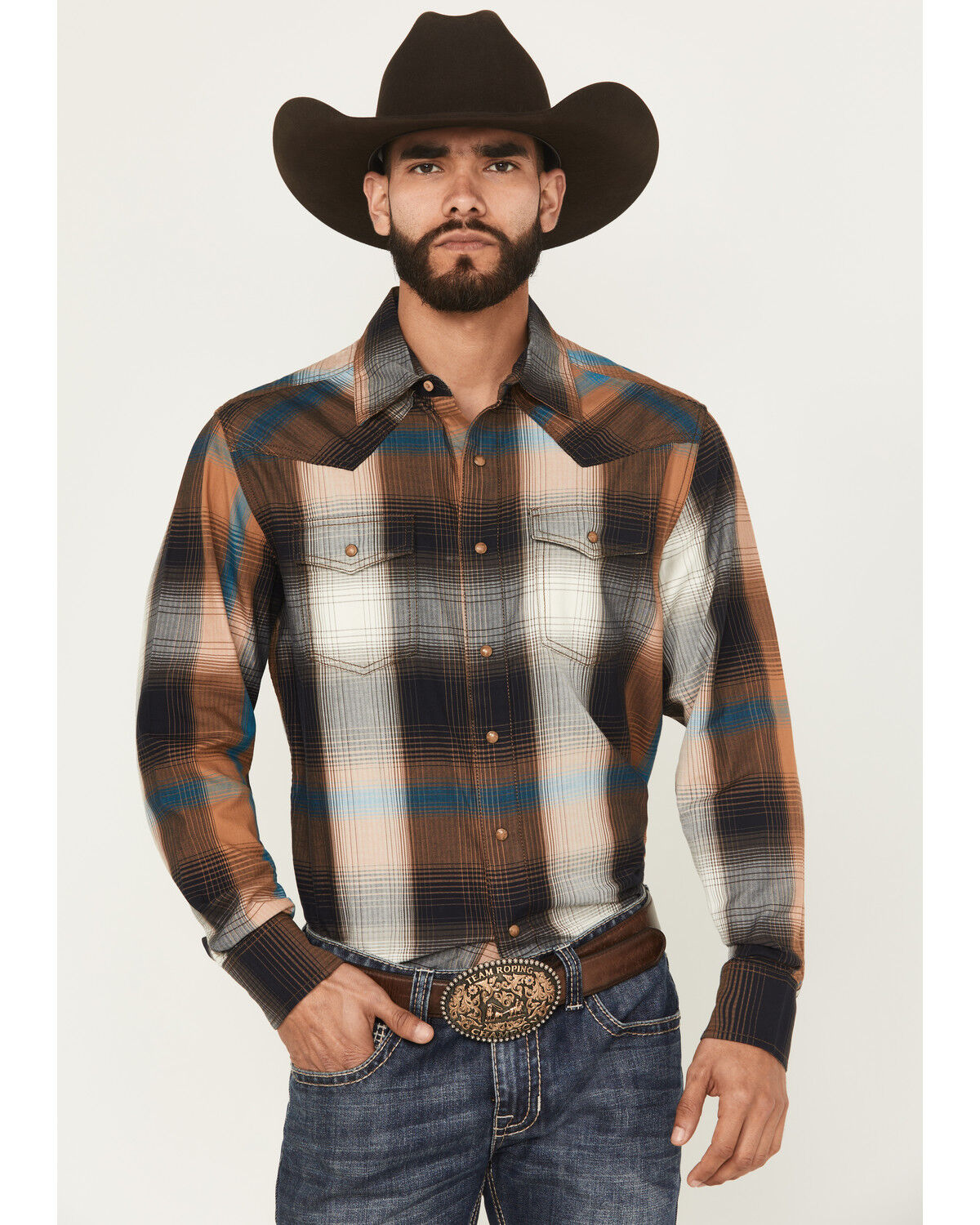 Image #1 - Wrangler Retro Men's Plaid Print Long Sleeve Snap Western Shirt, Brown, hi-res