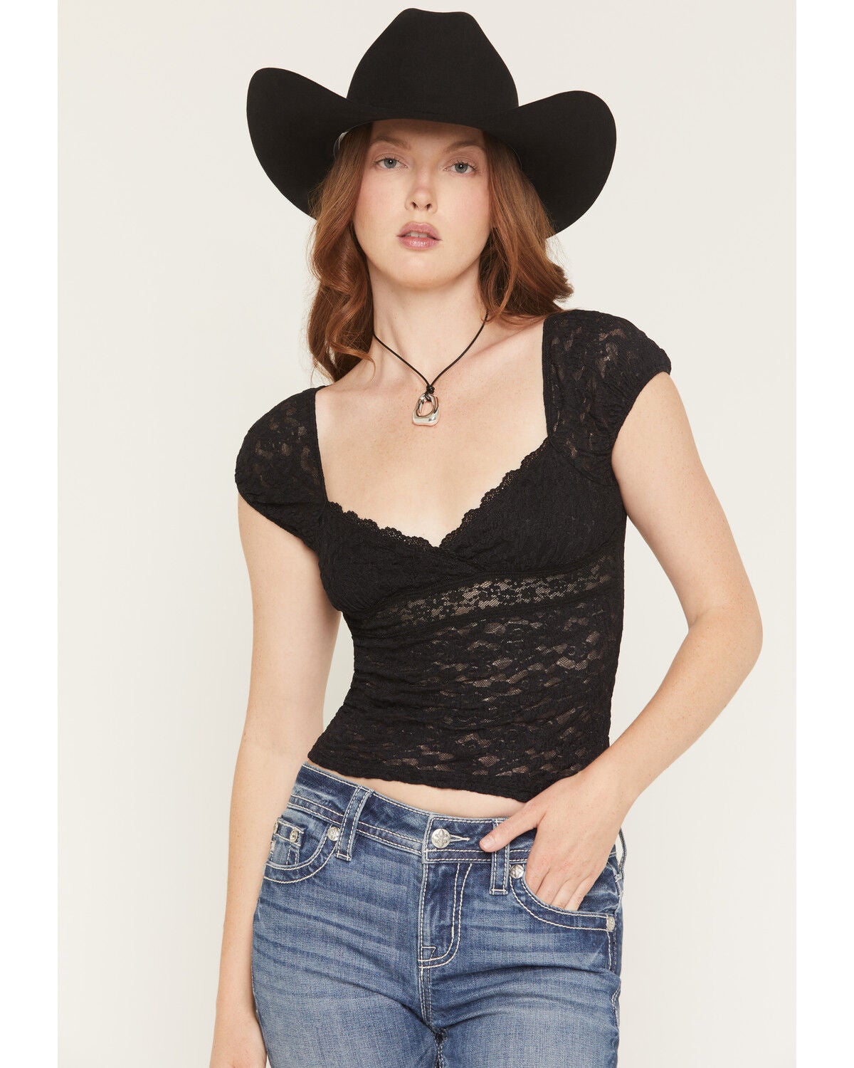 Wild Moss Women's Sheer Lace Short Sleeve Top, Black, hi-res