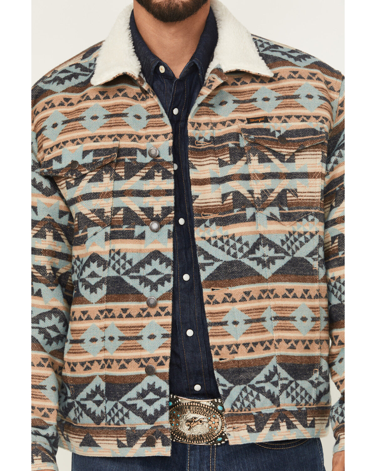 Image #3 - Wrangler Men's Southwestern Print Sherpa Lined Trucker Jacket, Tan, hi-res