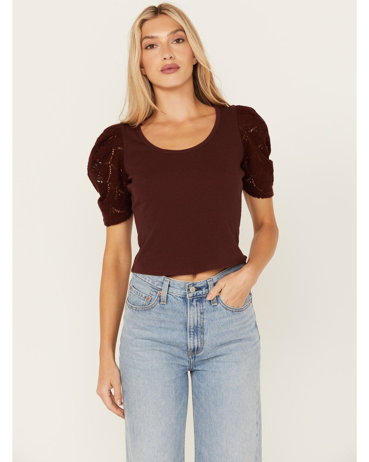 Shyanne Women's Crochet Sleeve Top, Mahogany, hi-res
