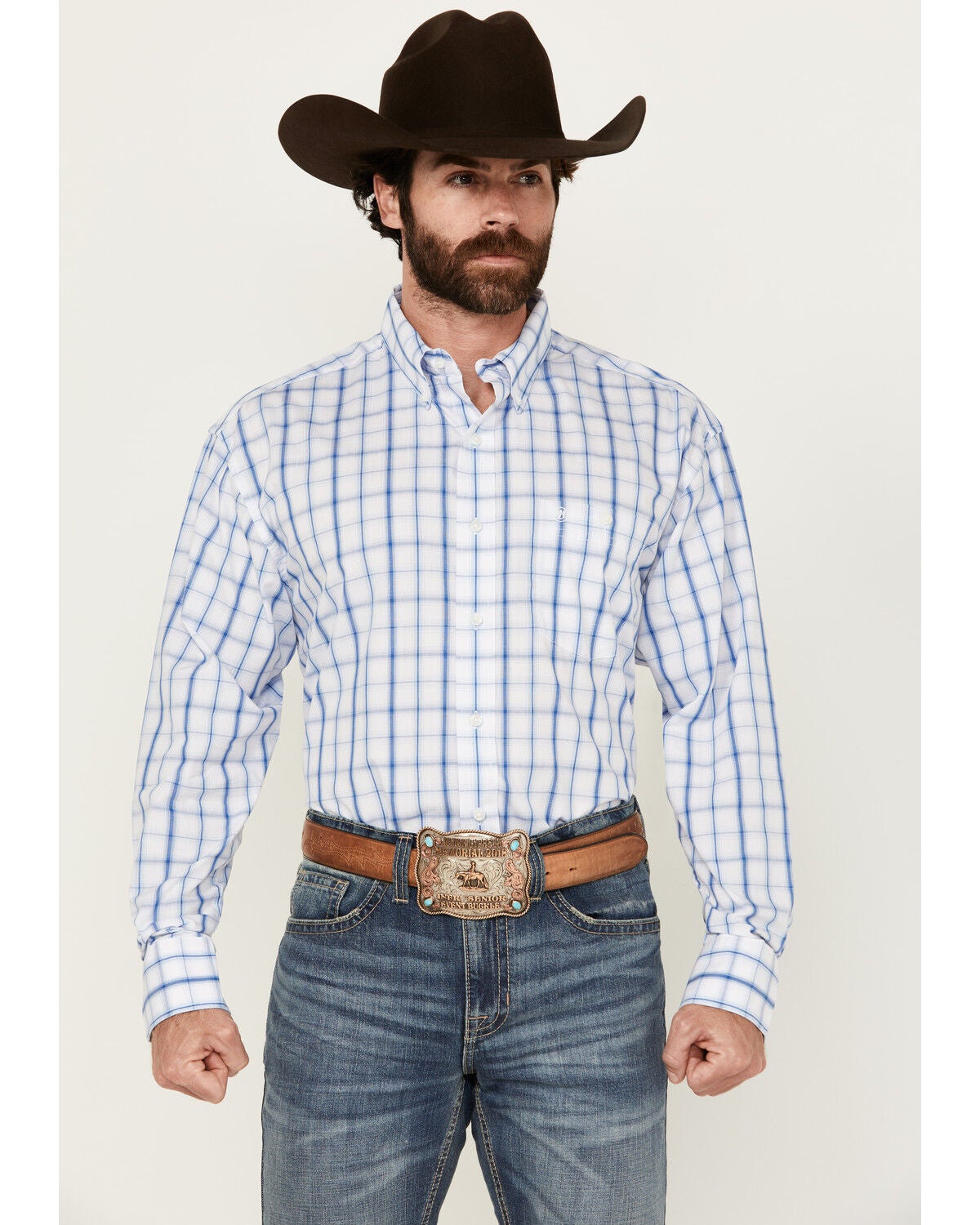 Wrangler Men's Plaid Print Long Sleeve Button-Down Western Shirt, Blue, hi-res