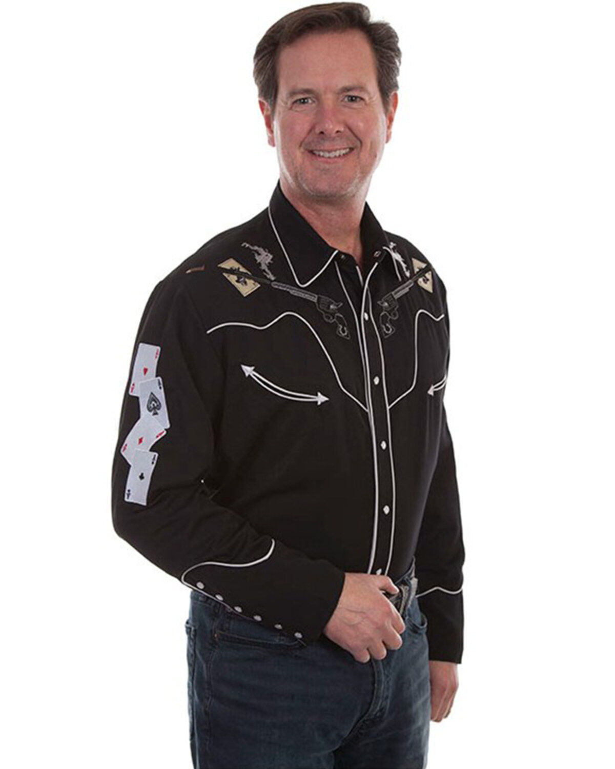 Image #3 - Scully Men's Skulls, Guns N Cards Embroidered Yoke Long Sleeve Pearl Snap Western Shirt - Big, Black, hi-res