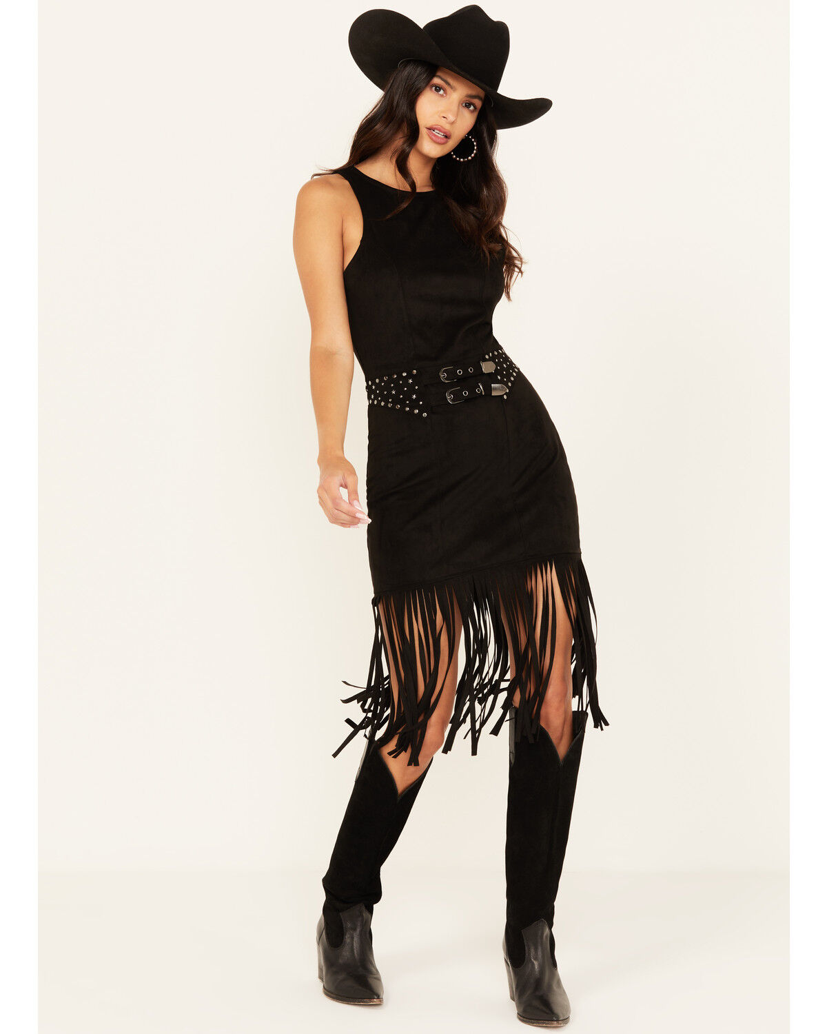 Rock & Roll Denim Women's Faux Suede Fringe Belted Mini