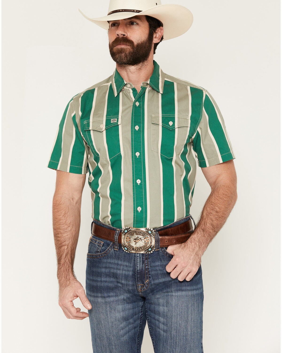Image #1 - Kimes Ranch Men's Stoppy Stripe Print Short Sleeve Button-Down Western Shirt, Green, hi-res