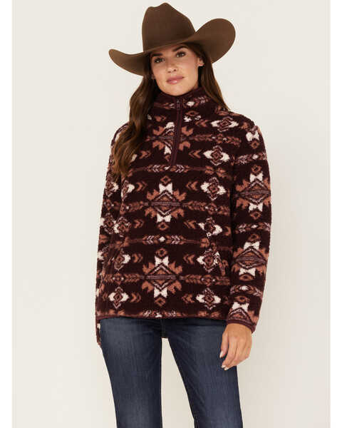 Wrangler Retro Women's Southwestern Print Fleece Quarter Zip Sweater, Purple, hi-res