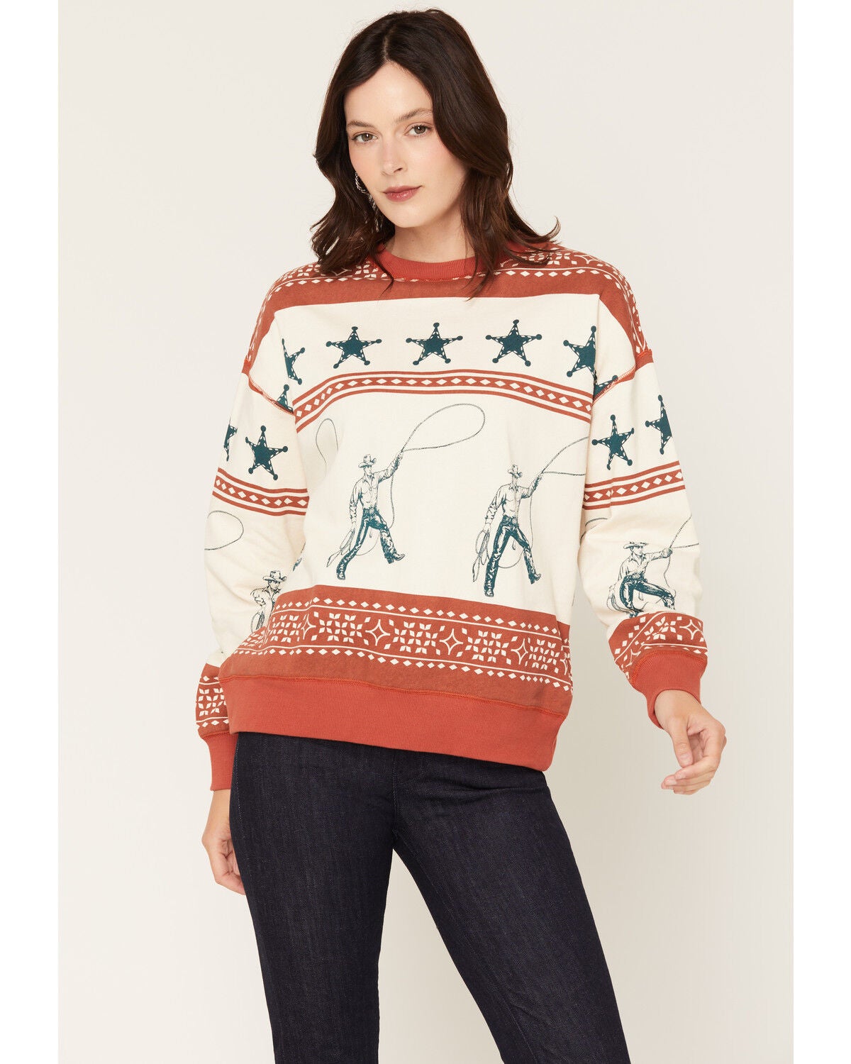 Image #1 - Panhandle Slim Women's Cowboy Crew Neck Long Sleeve, Rust Copper, hi-res