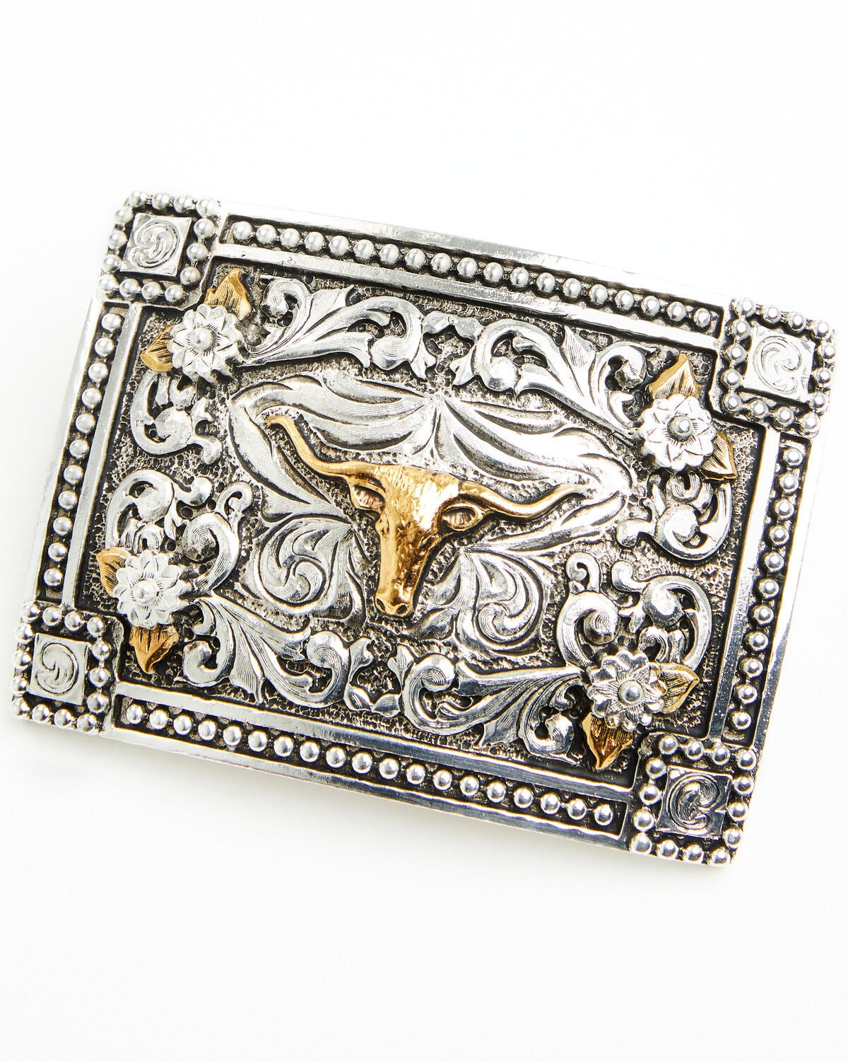 Cody James Long Horn Border Belt Buckle, Silver, hi-res