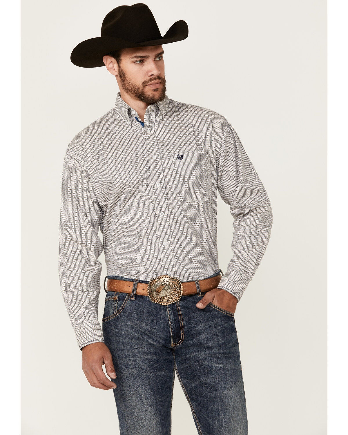 Rough Stock by Panhandle Men's Dobby Print Long Sleeve Button-Down Western Shirt, White, hi-res