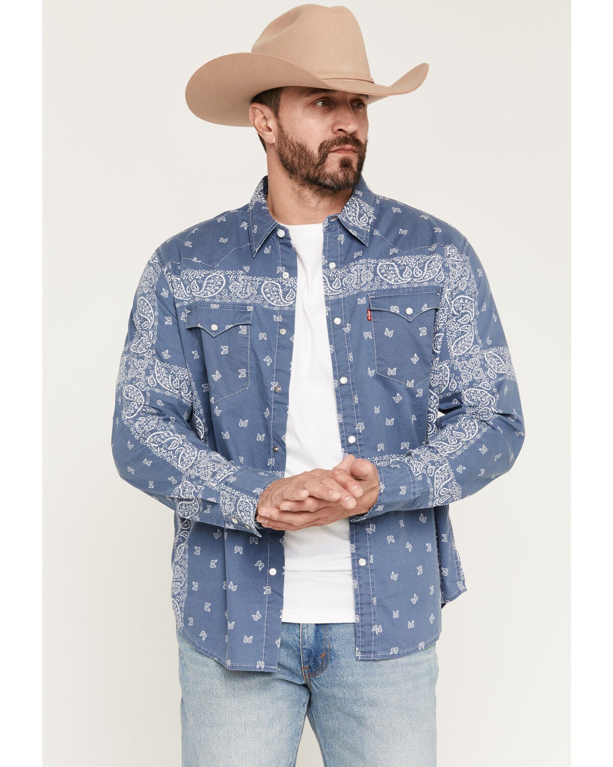 Levi's Men's Azad Paisley Print Long Sleeve Pearl Snap Western Shirt, Medium Blue, hi-res
