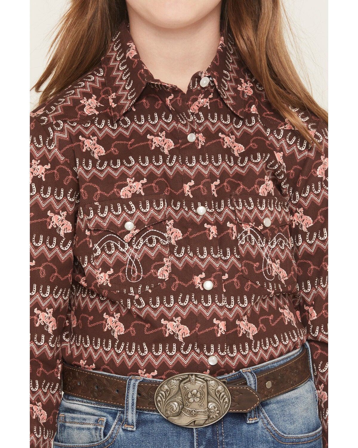 Image #3 - Panhandle Girls' Horse Print Long Sleeve Snap Western Shirt, Brown, hi-res