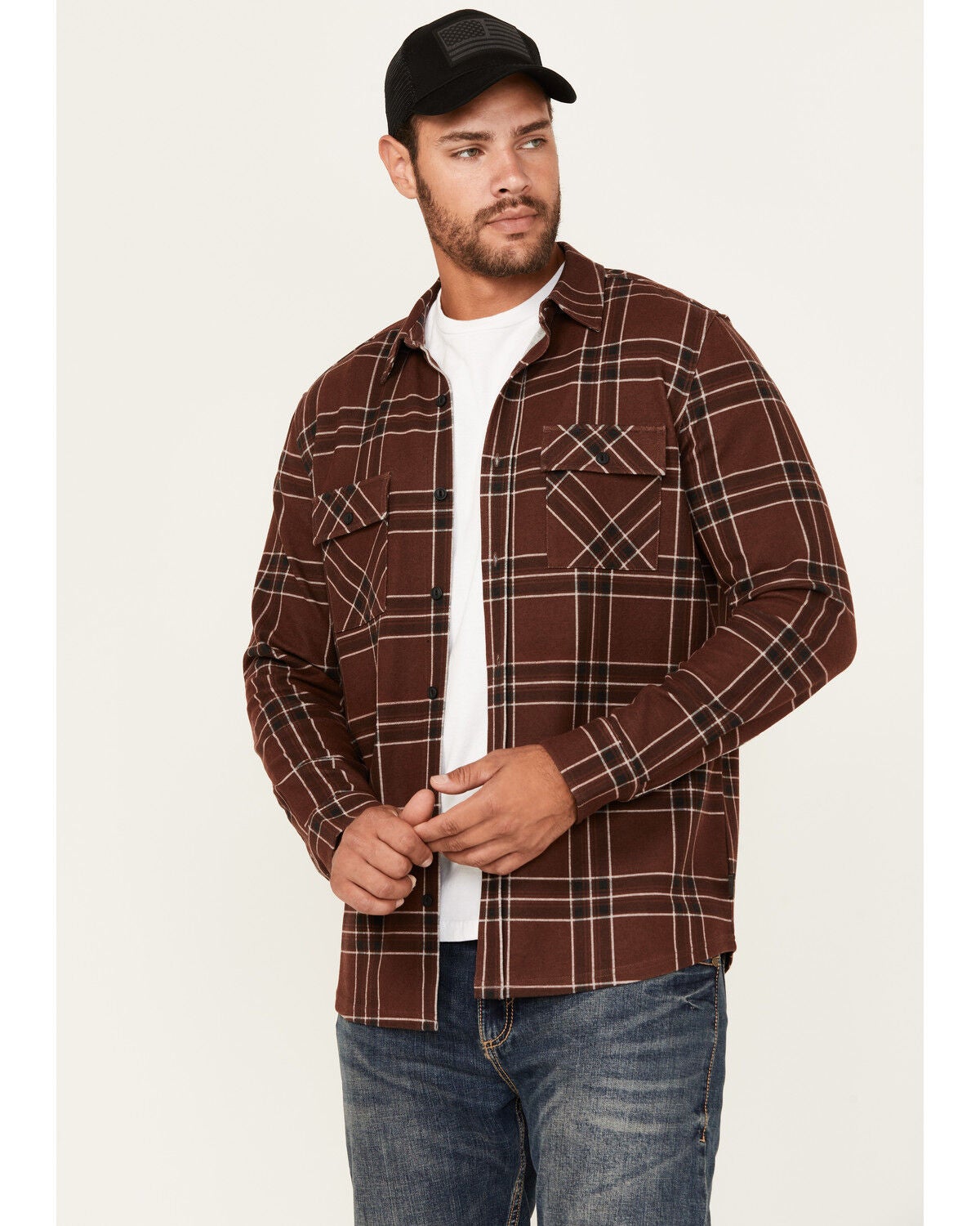 Brothers and Sons Men's Locket Plaid Print Long Sleeve Button-Down Stretch Western Shirt, Wine, hi-res