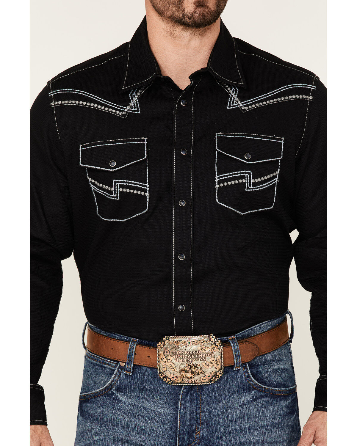 Image #3 - Rock 47 By Wrangler Men's Solid Embroidered Long Sleeve Snap Western Shirt, Black, hi-res