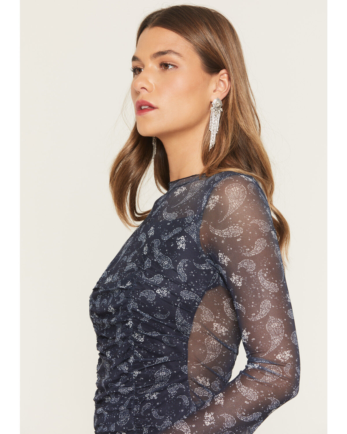 Image #2 - Ash & Violet Women's Paisley Print Long Sleeve Mesh Top, Blue, hi-res