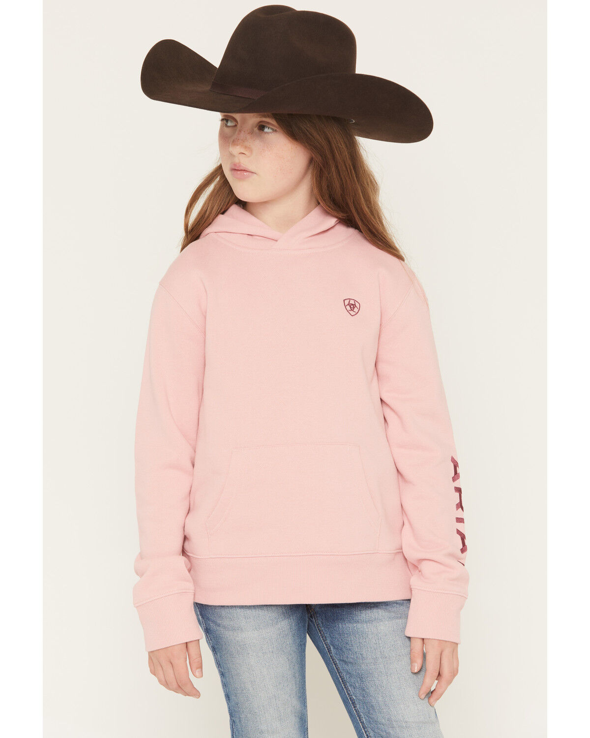 Image #1 - Ariat Girls' Boot Barn Exclusive Logo Hoodie, Pink, hi-res