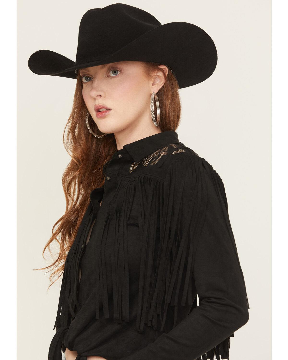 Image #3 - Idyllwind Women's McKinney Faux Suede Long Sleeve Fringe Top, Black, hi-res